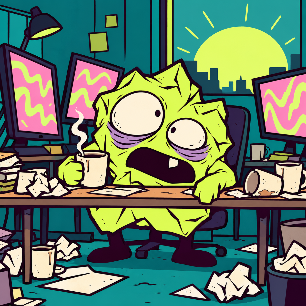 An exhausted Blundro at his desk as the sun rises